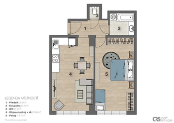 Plánek bytu - Prodej bytu 2+kk v osobním vlastnictví 48 m², Praha 1 - Nové Město