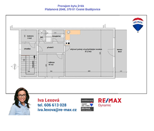 orientační půdorys - Pronájem bytu 2+kk v osobním vlastnictví 69 m², České Budějovice