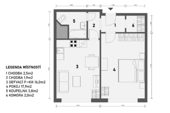 půdorys - Prodej bytu 2+kk v osobním vlastnictví 44 m², Hradec Králové