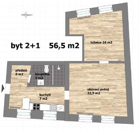 půdorys bytu - Pronájem bytu 2+1 v osobním vlastnictví 57 m², Praha 4 - Michle