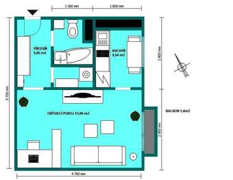 půdorys 2D - Pronájem bytu 1+1 v osobním vlastnictví 28 m², Milovice