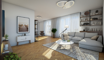 Vizualizace - obývací pokoj - Prodej bytu 6 a více v osobním vlastnictví 199 m², Praha 4 - Podolí