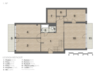 Půdorys 1P - Prodej bytu 6 a více v osobním vlastnictví 199 m², Praha 4 - Podolí