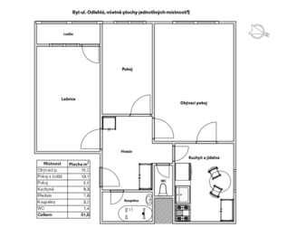 Půdorys - Pronájem bytu 3+1 v osobním vlastnictví 68 m², Praha 9 - Vysočany