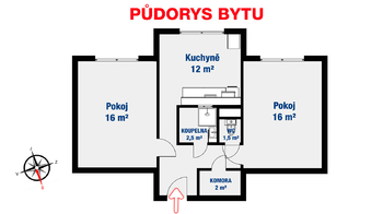 Půdorys bytu - Pronájem bytu 2+1 v družstevním vlastnictví 55 m², Roudnice nad Labem