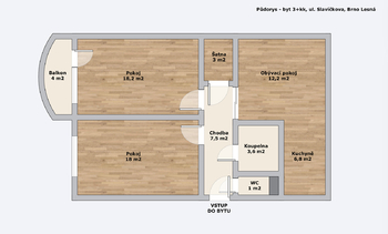 Plánek bytu - Pronájem bytu 3+kk v osobním vlastnictví 74 m², Brno