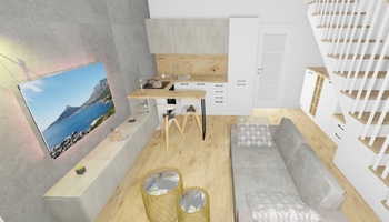 Sestava kuchyně včetně spotřebičů a obývací pokoj od Gorenje. - Prodej bytu 2+kk v osobním vlastnictví 47 m², Praha 10 - Uhříněves