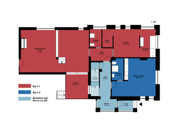 Orientační půdorys přízemí a vyznačením společné části domu - Pronájem bytu 2+kk v osobním vlastnictví 65 m², Poděbrady