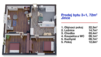 Půdorys bytu - Prodej bytu 3+1 v osobním vlastnictví 72 m², Jince