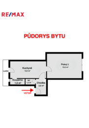 půdorys - Prodej bytu 1+1 v osobním vlastnictví 40 m², Trmice