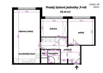 orientační půdorys - Prodej bytu 3+kk v osobním vlastnictví 59 m², Velešín