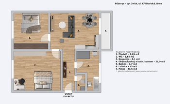 Plánek bytu - Prodej bytu 3+kk v osobním vlastnictví 80 m², Brno