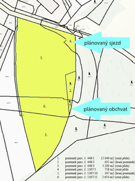 Soubor pozemků k prodeji již dle nového zaměření geodety a rozdělení na Katastru, pro účely obchvatu a sjezdu.  - Prodej pozemku 21400 m², Sojovice