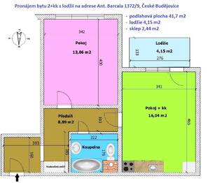 orientační půdorys - Pronájem bytu 2+kk v družstevním vlastnictví 48 m², České Budějovice