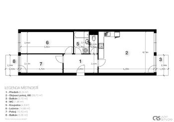 Půdorys - Pronájem bytu 3+kk v osobním vlastnictví 69 m², Praha 7 - Holešovice