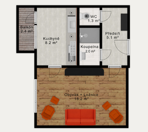 Půdorys. - Pronájem bytu 1+1 v osobním vlastnictví 42 m², Jindřichův Hradec