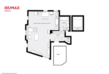 Plánek bytu a terasy - Prodej bytu 1+kk v osobním vlastnictví 50 m², Praha 4 - Podolí