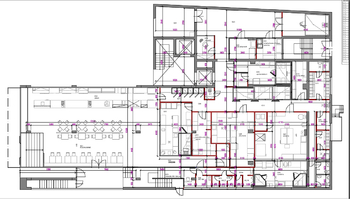půdorys obchodních prostor s příčkami aktuální stav - Pronájem obchodních prostor 522 m², Praha 7 - Holešovice
