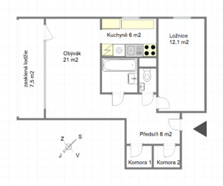 plánek - Pronájem bytu 2+1 v osobním vlastnictví 65 m², Praha 4 - Hodkovičky