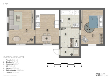 Půdorys 1. NP - obytná část domu - Prodej chaty / chalupy 200 m², Bělá pod Bezdězem