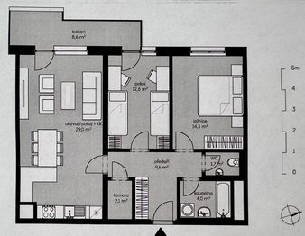 Plánek bytu - Pronájem bytu 3+kk v osobním vlastnictví 73 m², Praha 9 - Vysočany