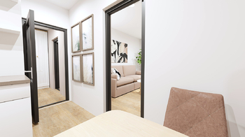 Vizualizace možného stavu: pohled z kuchyně - Prodej bytu 2+kk v osobním vlastnictví 40 m², Praha 9 - Prosek