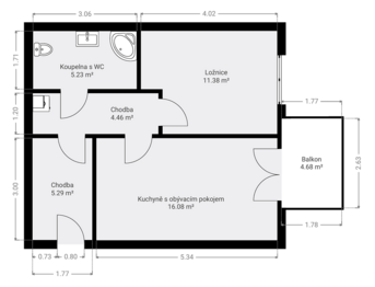 půdorys bytu - Prodej bytu 2+kk v osobním vlastnictví 45 m², Blovice