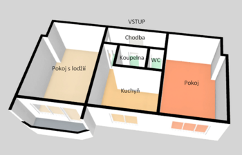 3D půdorys - Prodej bytu 2+1 v osobním vlastnictví 55 m², Vyškov