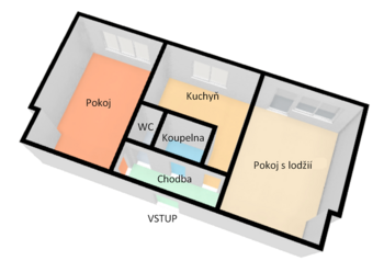 3D půdorys - Prodej bytu 2+1 v osobním vlastnictví 55 m², Vyškov