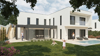 vizualizace s dokončenou zahradou - Prodej domu 334 m², Praha 5 - Slivenec