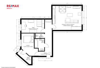 Plánek bytu s kótami - Pronájem bytu 3+kk v osobním vlastnictví 80 m², Praha 8 - Libeň