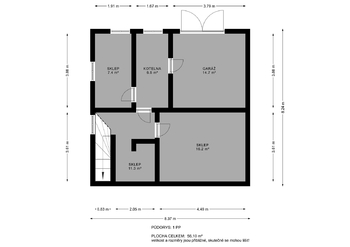 Půdorys 1.PP - Prodej domu 125 m², Praha 9 - Dolní Počernice