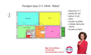 plánek - Pronájem bytu 3+1 v osobním vlastnictví 83 m², Třeboň