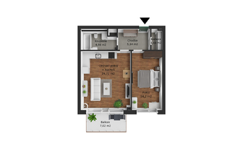 půdorys bytu - Pronájem bytu 2+kk v osobním vlastnictví 63 m², Litomyšl