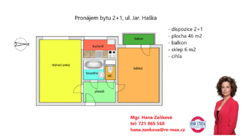 plánek - Pronájem bytu 2+1 v osobním vlastnictví 46 m², České Budějovice