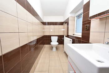 Koupelna se sprchovým koutem, umyvadlem, místem na pračku a toaletou.  - Pronájem bytu 3+kk v osobním vlastnictví 44 m², Libiš