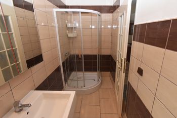 Koupelna se sprchovým koutem, umyvadlem, místem na pračku a toaletou.  - Pronájem bytu 3+kk v osobním vlastnictví 44 m², Libiš