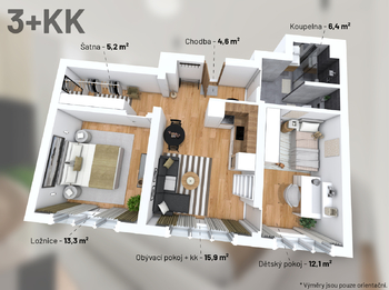 Půdorys - Prodej bytu 3+kk v osobním vlastnictví 61 m², Pardubice