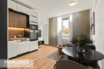 Obývací pokoj s kk vizualizace - Prodej bytu 3+kk v osobním vlastnictví 61 m², Pardubice