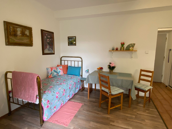 Postel a stůl se židlemi - Pronájem bytu 1+kk v osobním vlastnictví 25 m², Praha 10 - Vinohrady