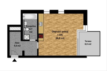 Orientační plánek bytu se zahradkou - Prodej bytu 1+kk v osobním vlastnictví 39 m², Velký Osek