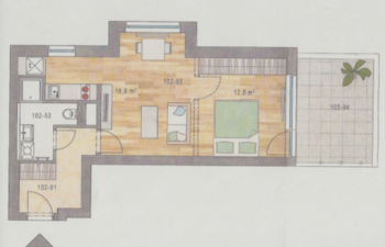 Půdorys bytu - Pronájem bytu 2+kk v osobním vlastnictví 43 m², Praha 8 - Dolní Chabry