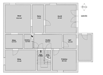 orientační půdorys suterén - Prodej domu 208 m², Přední Výtoň