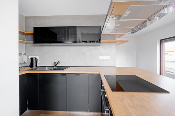 Detail kuchyňské linky s integrovanými spotřebiči - Pronájem bytu 2+kk v osobním vlastnictví 86 m², Praha 9 - Letňany