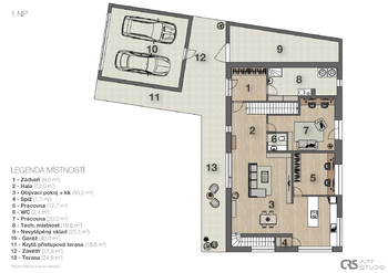 Půdorys 1. NP - Prodej domu 241 m², Sluštice