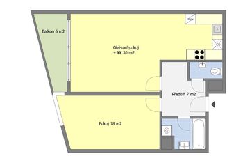 Orientační půdorys bytu - Prodej bytu 2+kk v osobním vlastnictví 67 m², Praha 9 - Dolní Počernice