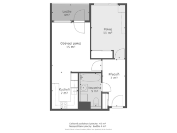 půdorys - Prodej bytu 2+kk v osobním vlastnictví 45 m², Praha 10 - Uhříněves