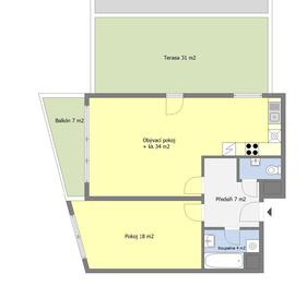 Orientační půdorys bytu.  - Prodej bytu 2+kk v osobním vlastnictví 68 m², Praha 9 - Dolní Počernice