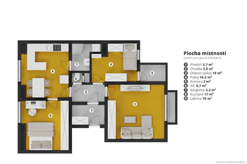 půdorys 2D - Pronájem bytu 3+1 v osobním vlastnictví 80 m², Praha 6 - Liboc