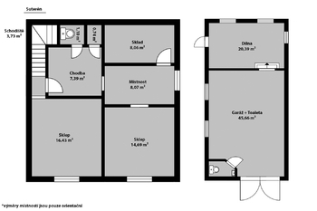 Orientační půdorys sklepa garáže - Prodej domu 139 m², Kutná Hora